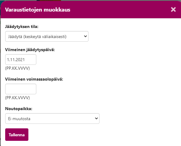 Kuvakaappaus varaustietojen muokkausruudusta